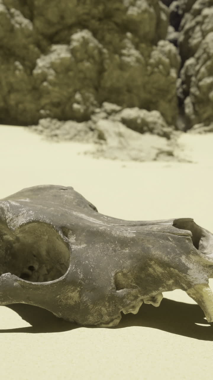 Skull found on a sandy beach near rocky cliffs during a sunny afternoon stroll