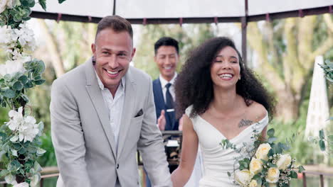 Couple, wedding and walk with flower confetti