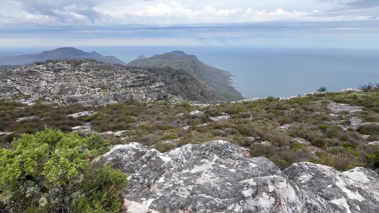 Terreno roccioso si estende verso l'oceano, offrendo una vista panoramica di montagne e mare. Ideale per documentari di viaggio o servizi sulla natura. Table Mountain, Città del Capo, Sudafrica.