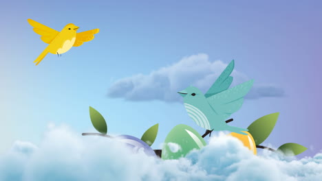 animation of two flying birds flying over decorated easter eggs on blue background