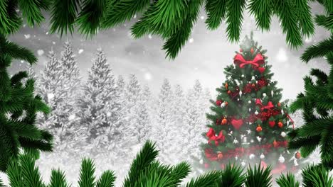 Animation-of-fir-trees-and-christmas-tree-over-snow-falling