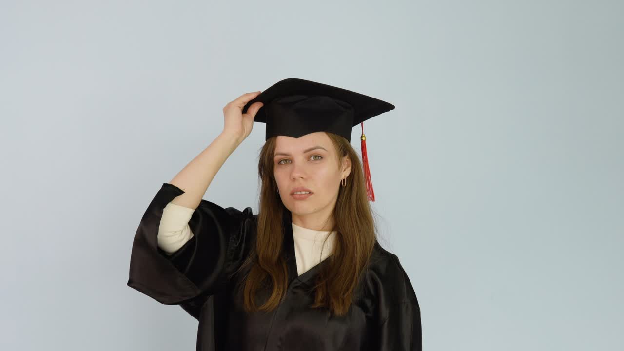 una joven estudiante caucásica en una túnica negra toca un sombrero cuadrado. fondo blanco
