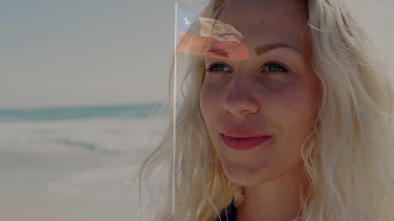 Smiling blonde woman with Chilean flag overlay at beach, enjoying sunny day