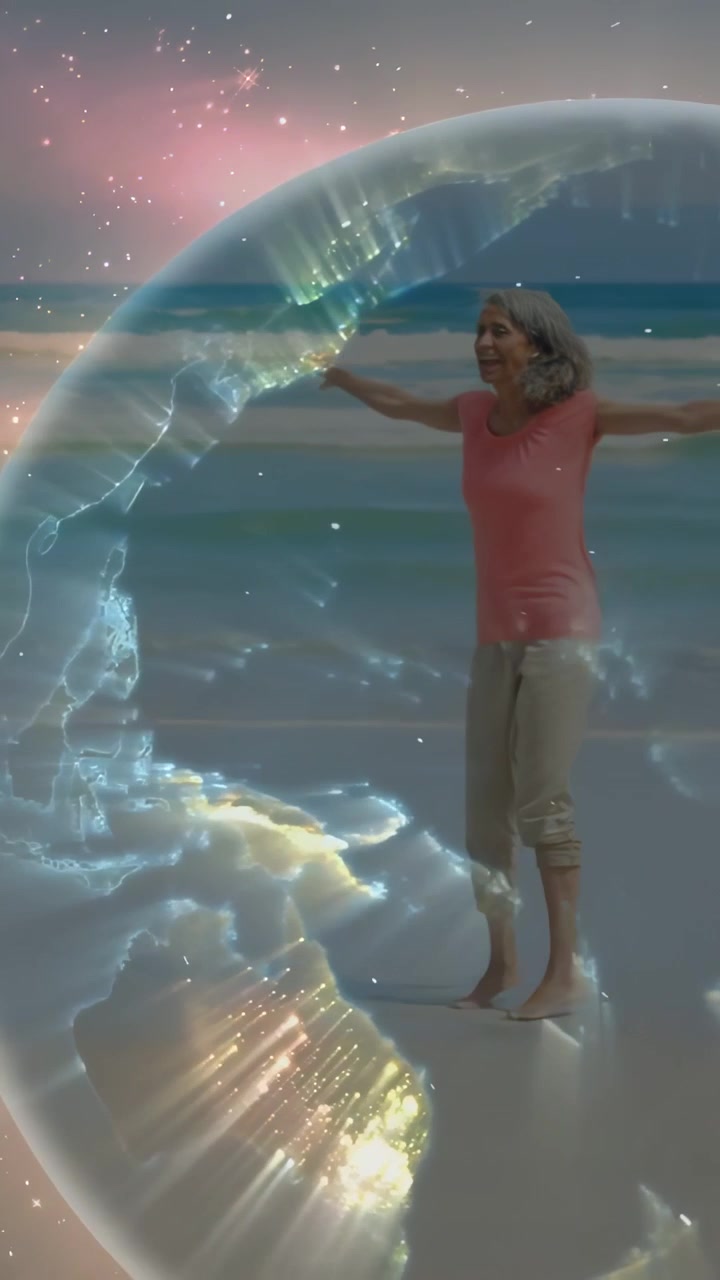 Video vertical: Mujer mayor dando un paso adelante, activando una superposición de globo animado en la orilla para viajar.