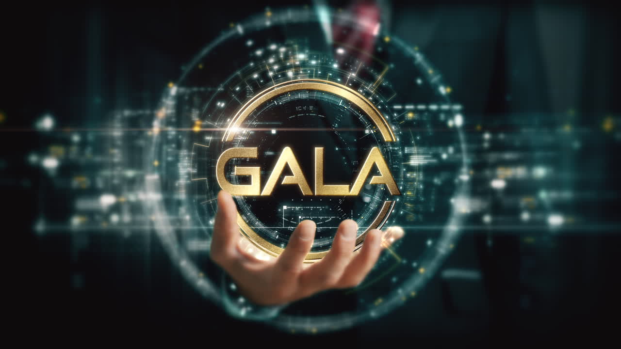 A visionary businessman extends his hand, unveiling a vibrant futuristic holographic display showcasing global crypto trading, business analytics, stock exchanges, and market trends : GALA