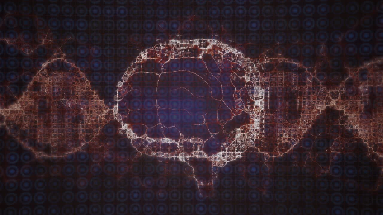 Animation of digital brain and dna strand over glowing spots on black background