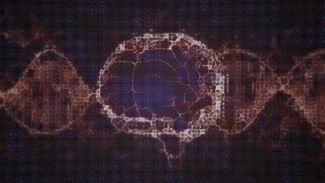 animazione del cervello digitale e della catena di dna su punti luminosi su sfondo nero