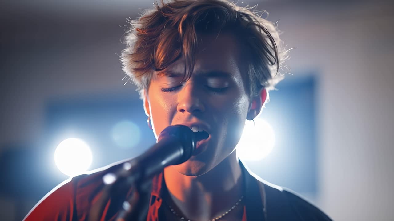 Young Man Passionately Singing into Microphone on Stage