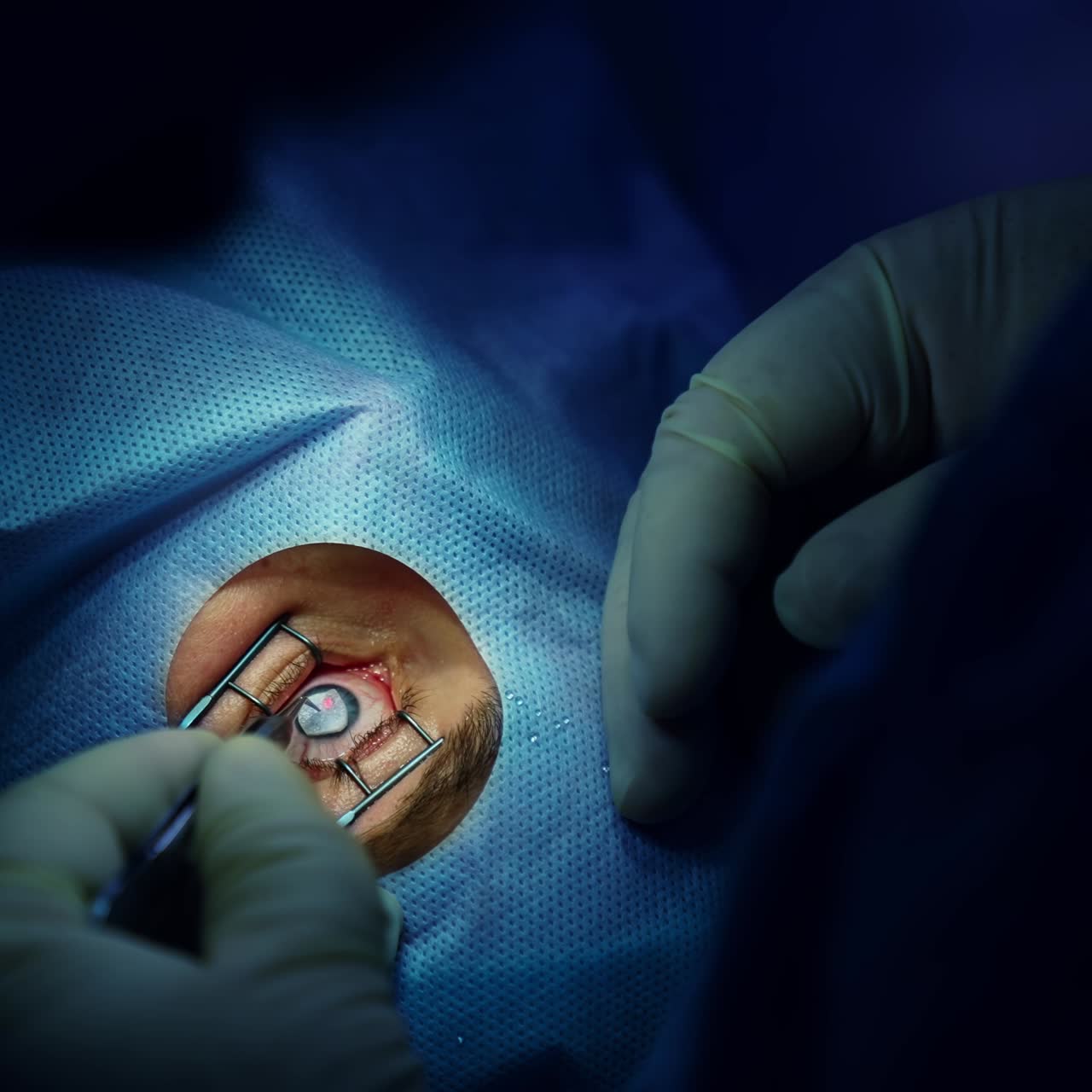 Paziente sotto microscopio chirurgico. Paziente e chirurgo nella sala operatoria durante un intervento chirurgico oftalmico.