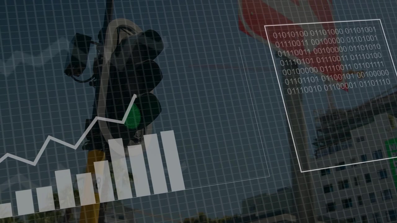 Traffic signal changing green, grid overlaying, bars growing, binary fading, showing traffic data