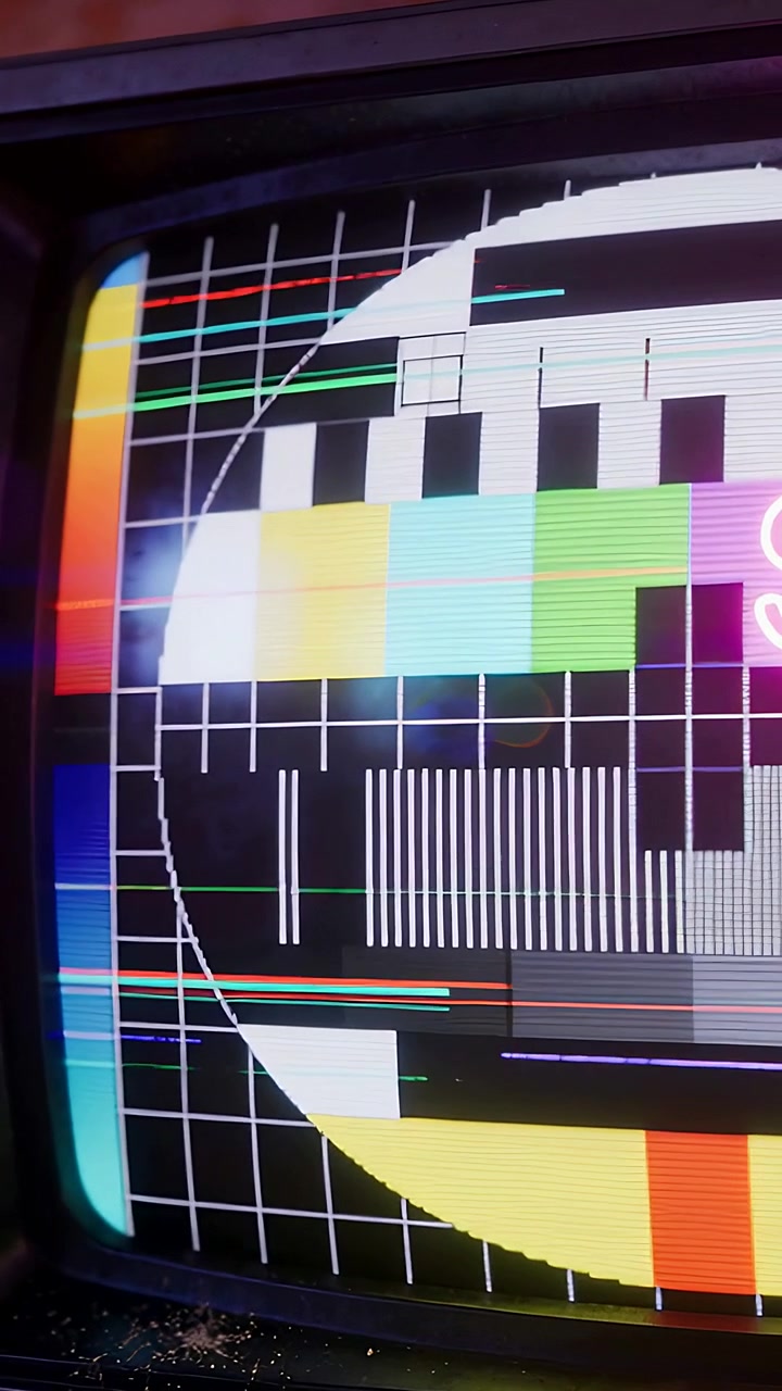 Vertical video: Shifting camera to reframe CRT TV showing color bars in room, neon reflection