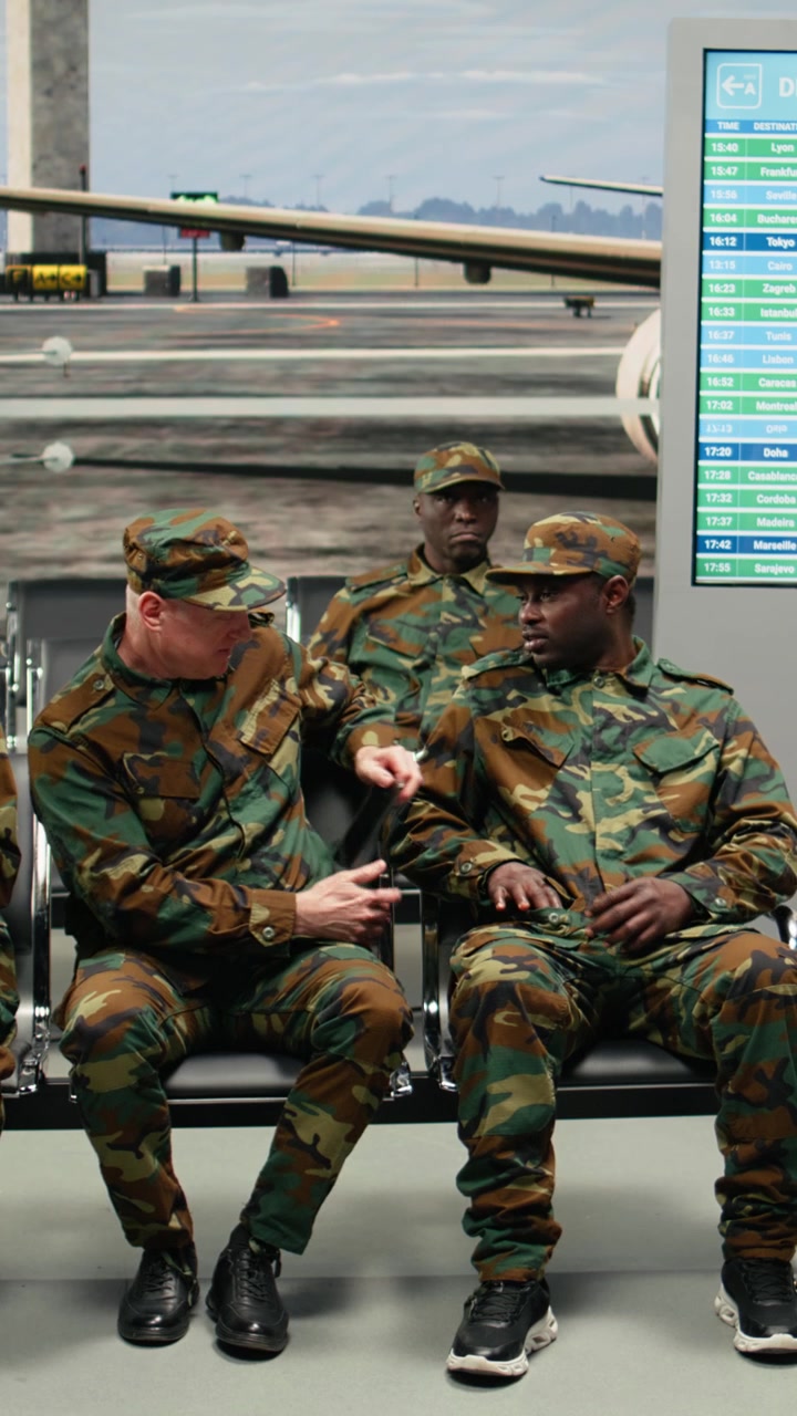 Video verticale: Chiacchierare, tornare a casa e soldati dell'esercito multietnici sulle sedie dell'aeroporto