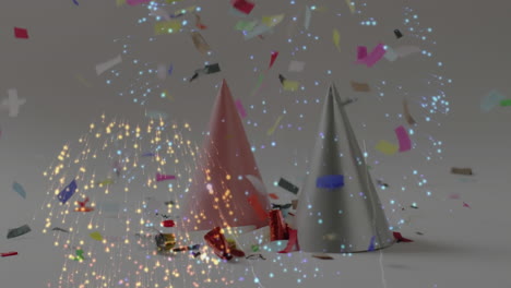 animación de confeti y sombreros de fiesta