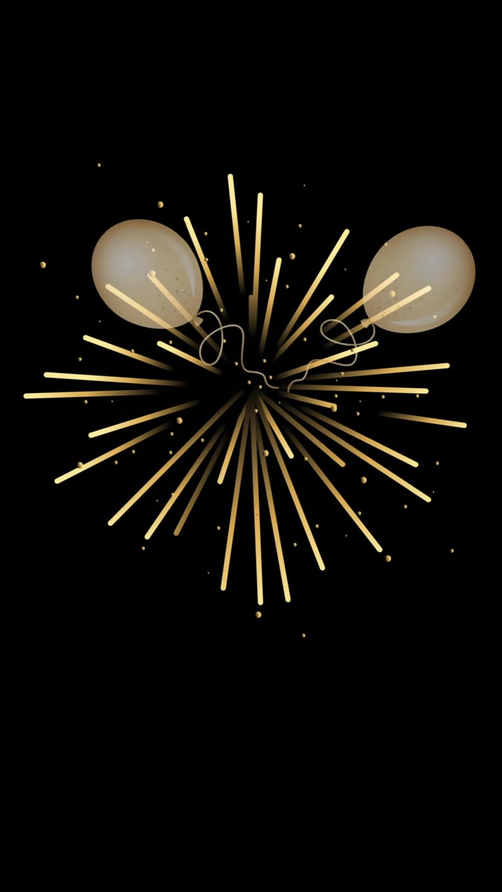 Animazione di palloncini e fuochi d'artificio su sfondo nero.