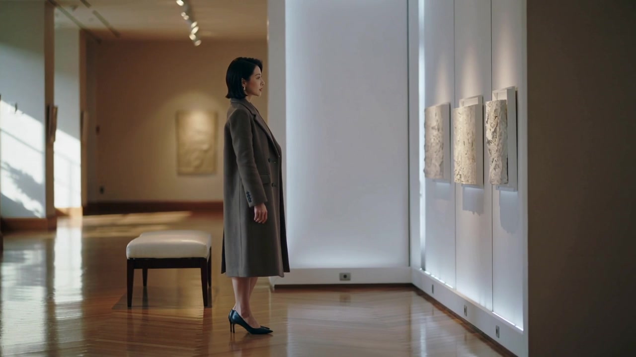 Donna asiatica che cammina con un soprabito grigio che entra nel corridoio di una galleria, che osserva rilievi illuminati