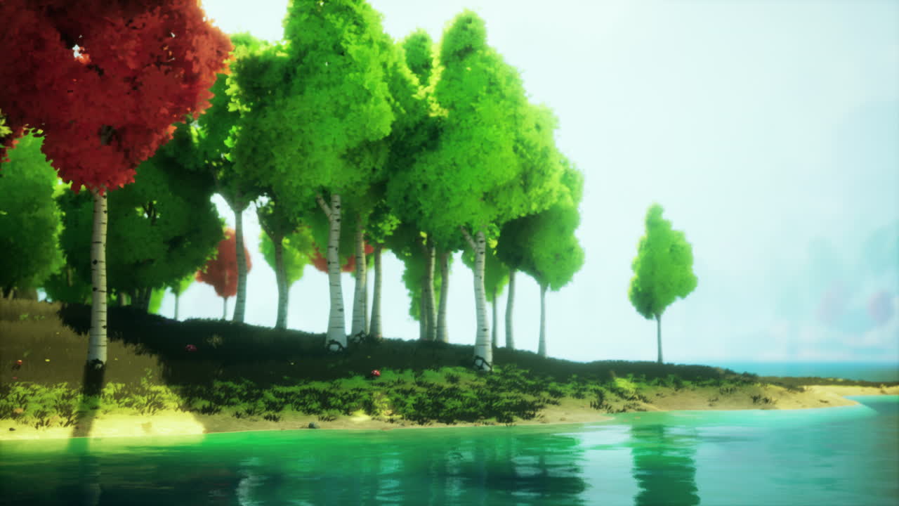 bosque colorido junto al agua