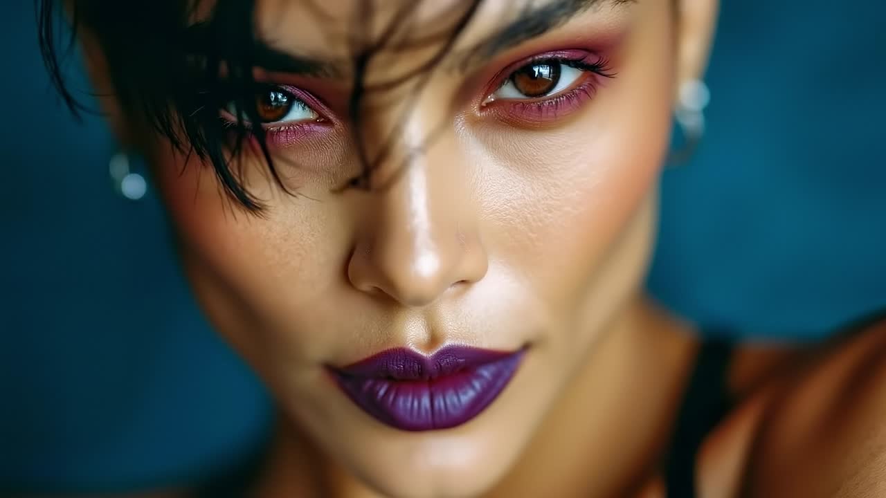 A close up of a woman with purple lipstick on her lips