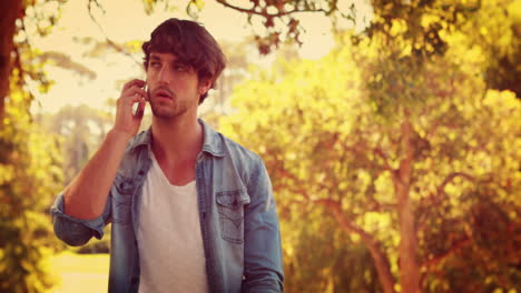 hombre guapo haciendo una llamada telefónica en el parque