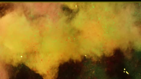 Animation-of-distressed-vintage-film-showing-multiple-clouds-of-smoke-and-multi-coloured-powder