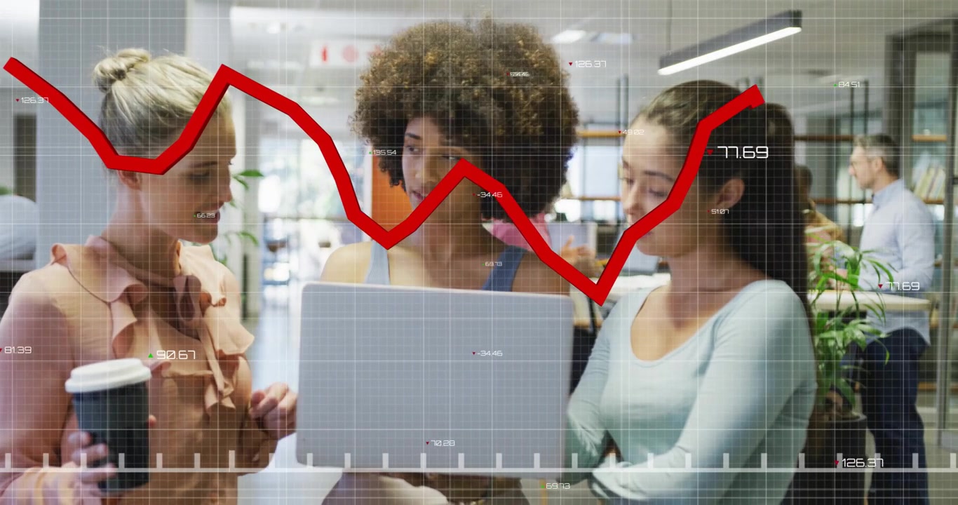 Lead woman holding laptop starting red graph sweeping over group, team analyzing business data