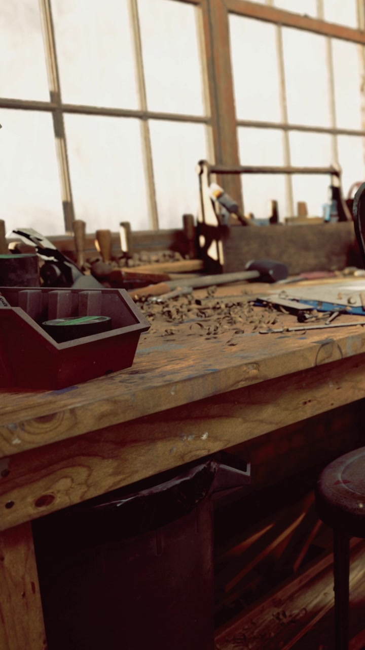 Woodworking tools and materials are scattered on a workbench in a workshop