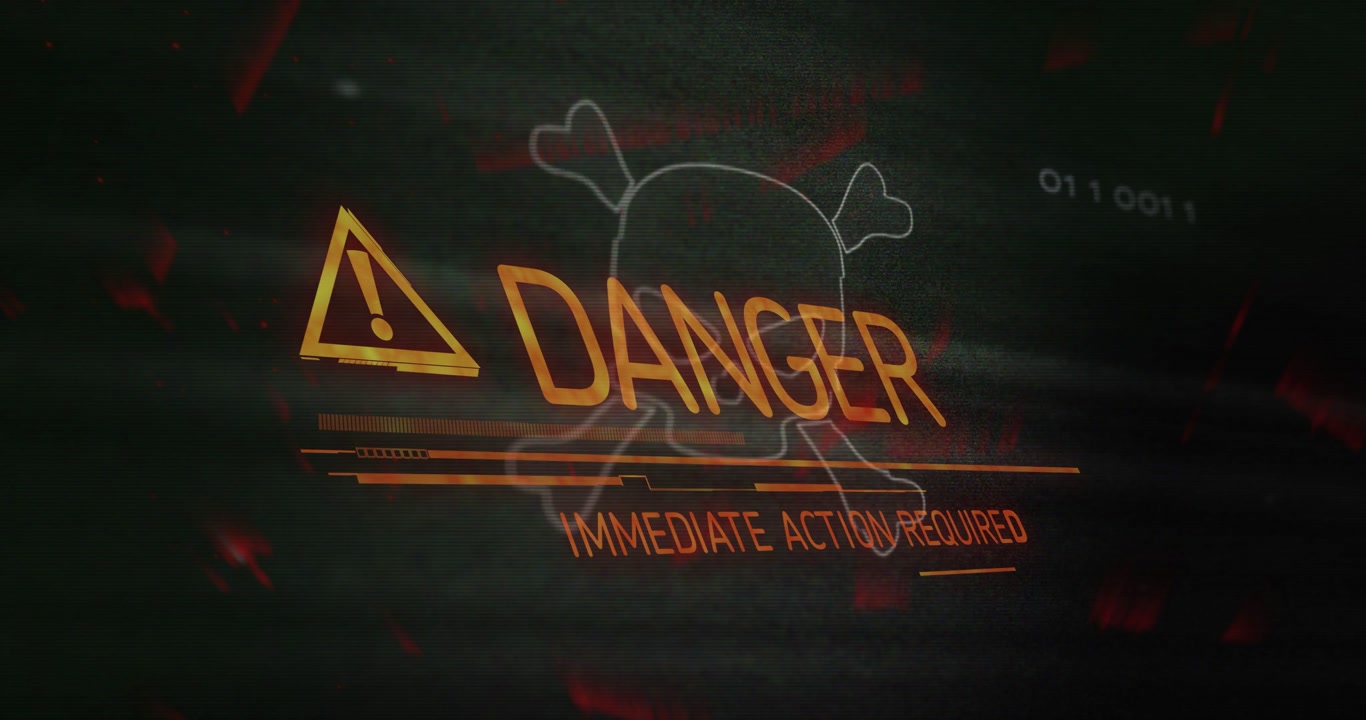 Security HUD forming from skull outline and scan lines, showing DANGER IMMEDIATE ACTION REQUIRED