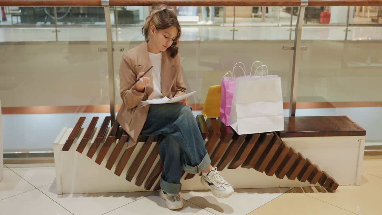 Estudiante contando recibos de compra, persona sentada en un banco calculando gastos en un entorno comercial, joven caucásico concentrado en contabilizar recibos con bolsas de compra cerca en un centro comercial concurrido
