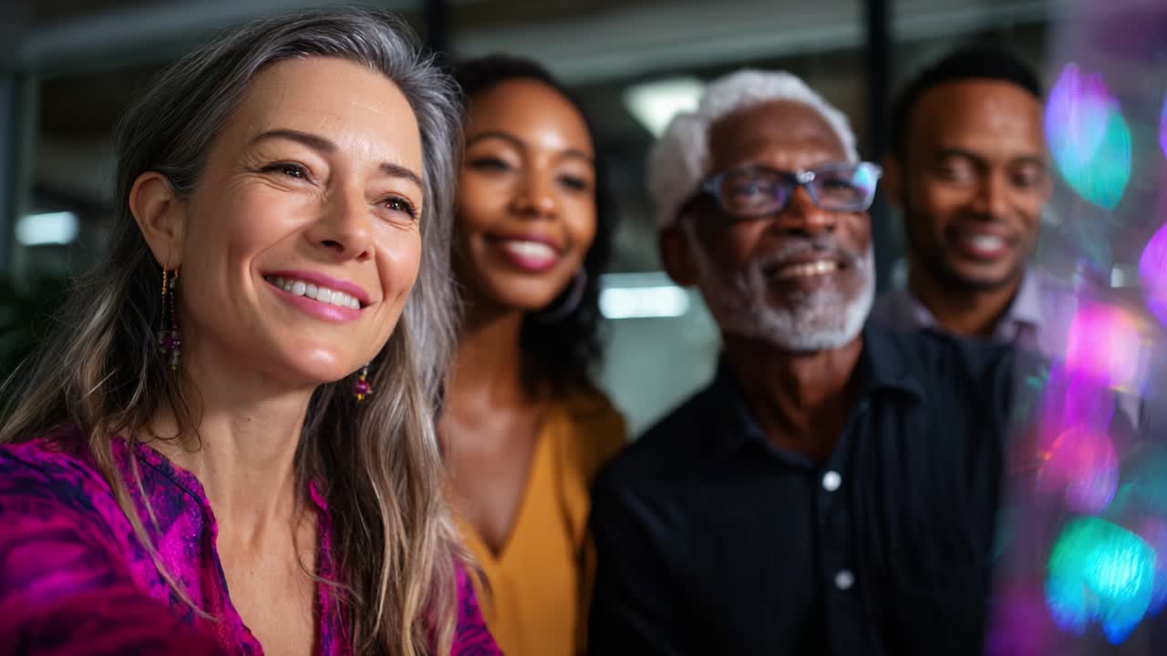 A group of diverse friends enjoying a moment together, sharing smiles and laughter while looking at something engaging, capturing a joyful and relatable experience filled with friendship and connection