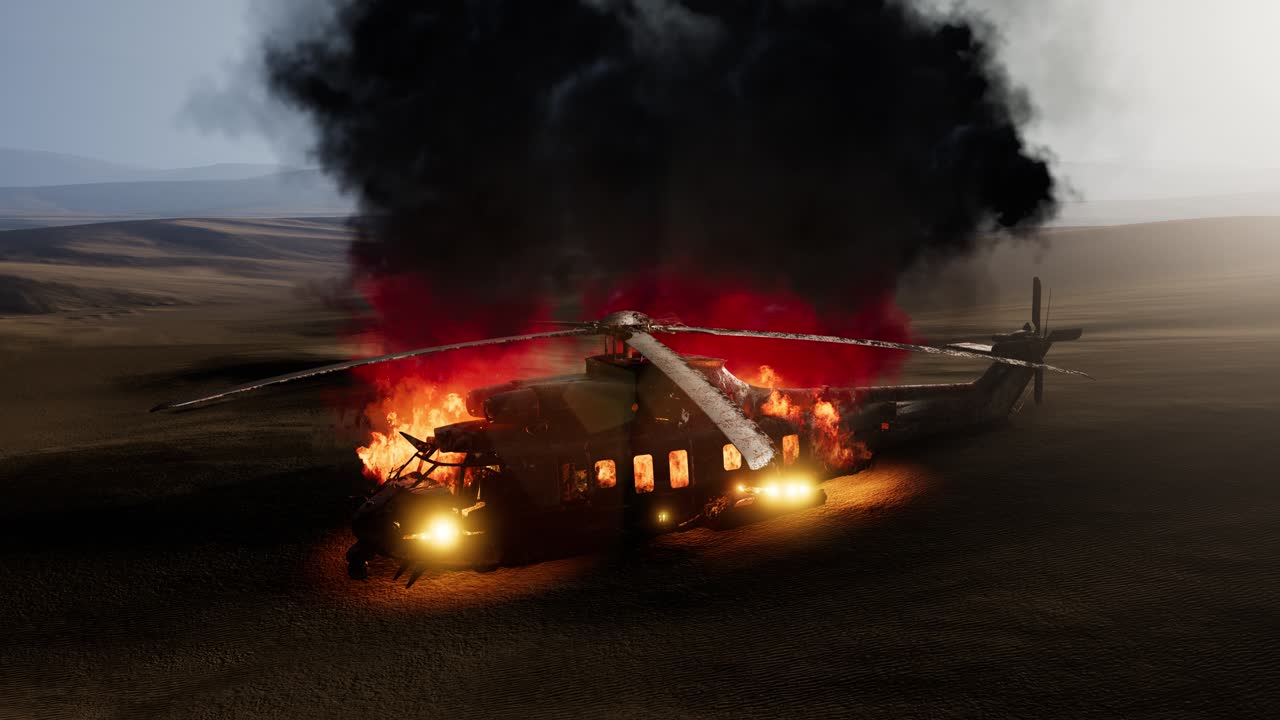 elicottero militare bruciato nel deserto al tramonto