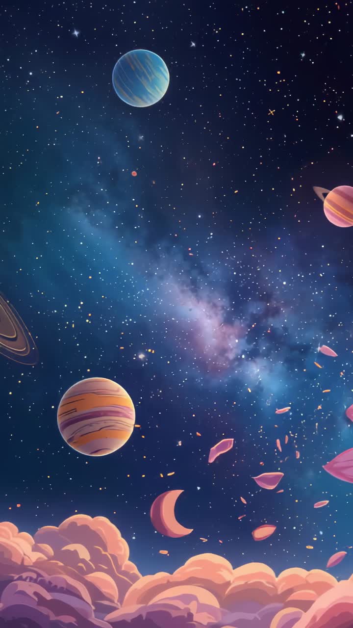Vertical video: Drifting stylized planets hovering above pink cloud layer, with nebula and petals