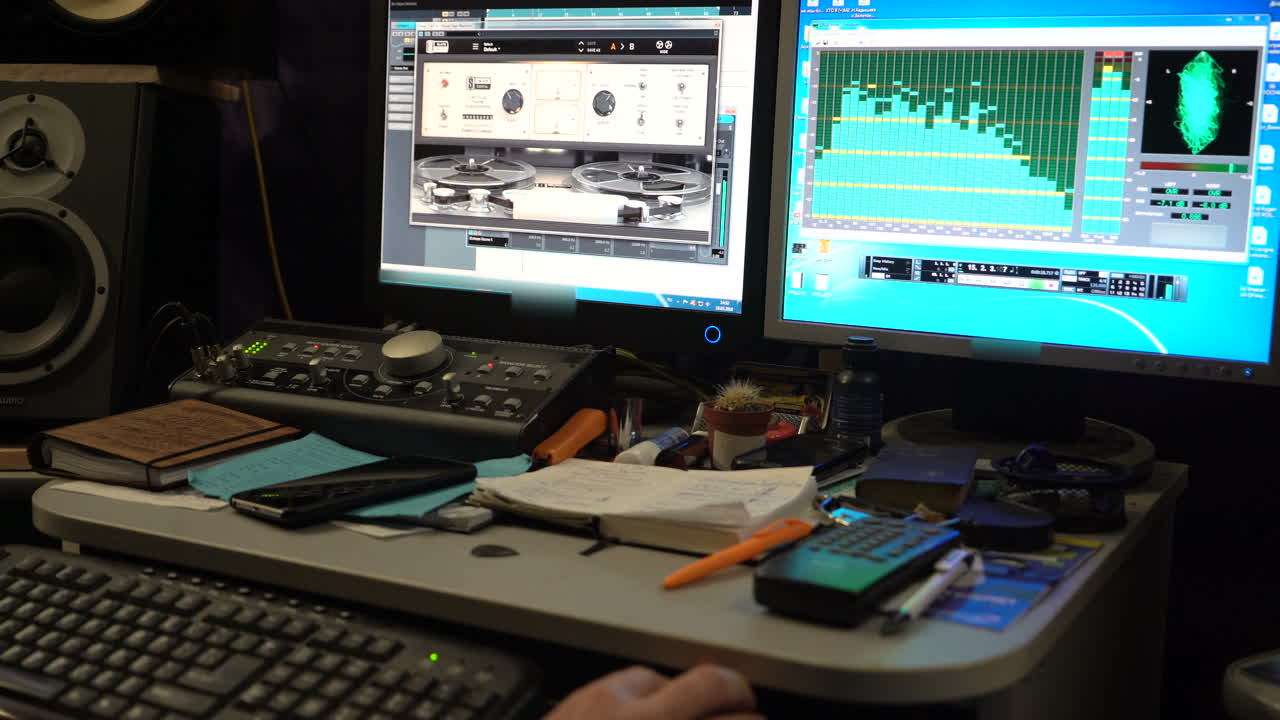 Sound engineer working at mixing panel in boutique recording studio. Close-up