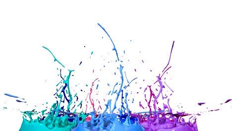 3d splashes of paint dance in 4k on white background. simulation of splashes of ink on a musical speaker that play music. v19