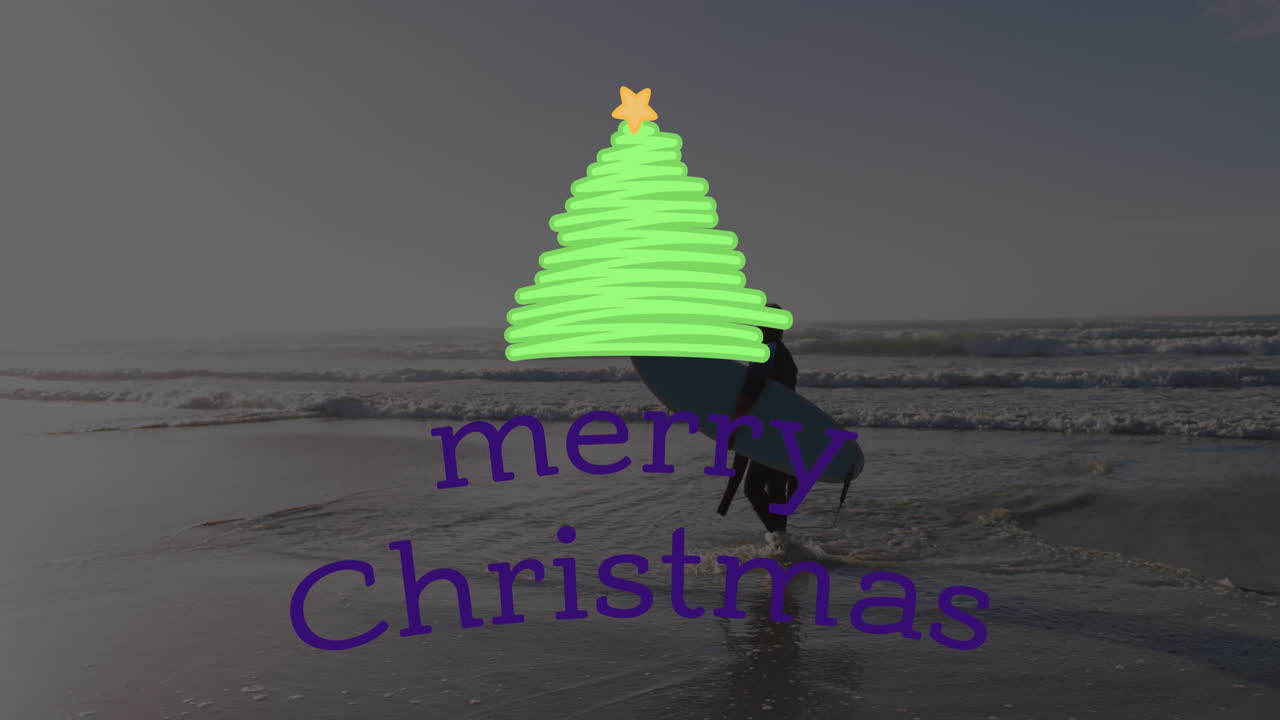 크리스마스 축하 문자에 대한 애니메이션 해변에서 서핑 보드를 가진 고위 두 인종 여성