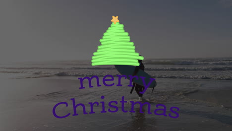 animation of christmas greetings text over senior biracial woman with surfboard on beach