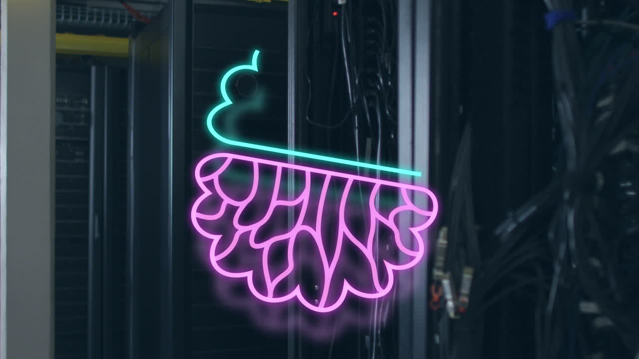 어두운 배경에서 컴퓨터 서버를 통해 ai 데이터 처리의 애니메이션