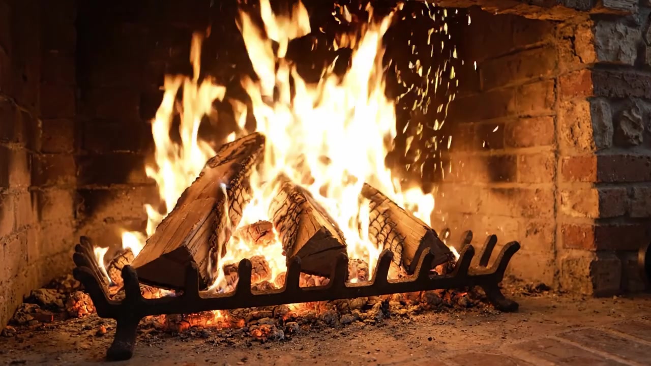 Un camino caldo e accogliente con un fuoco scoppiettante, ceppi che bruciano intensamente e un'atmosfera accogliente creata dalle fiamme tremolanti e dal bagliore soffuso nel focolare