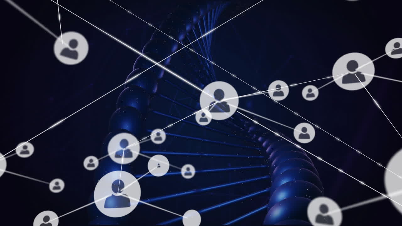 Animazione di filamento di DNA che collega icone utente su sfondo scuro