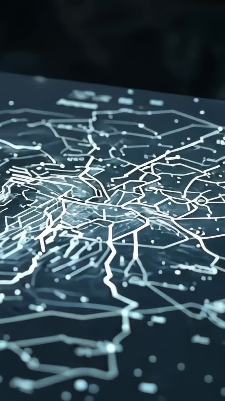 Vertical video: Interactive table activating, map showing pulsing routes and nodes in control room