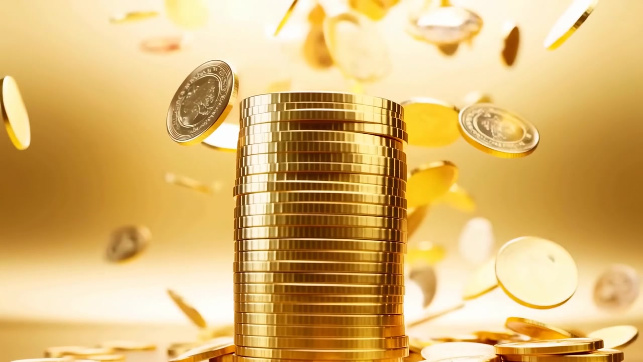 Tall polished gold coin stack stands centered while additional coins descend and scatter around it, creating dynamic sense of wealth, abundance, saving, investment, and luxury in warm light