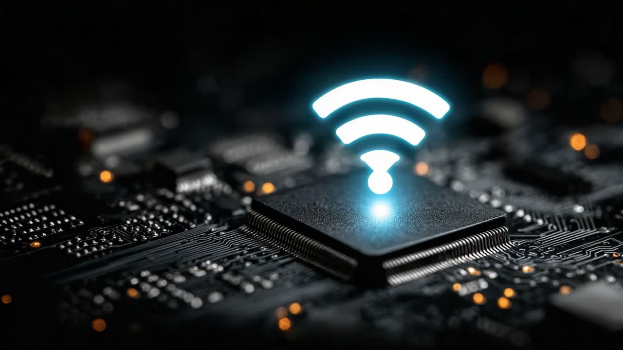 Exploring the World of Connectivity: A Close-Up of a Circuit Board with a Radiating Wi-Fi Signal Pulsing from a Microchip, Symbolizing Modern Technology Advancements