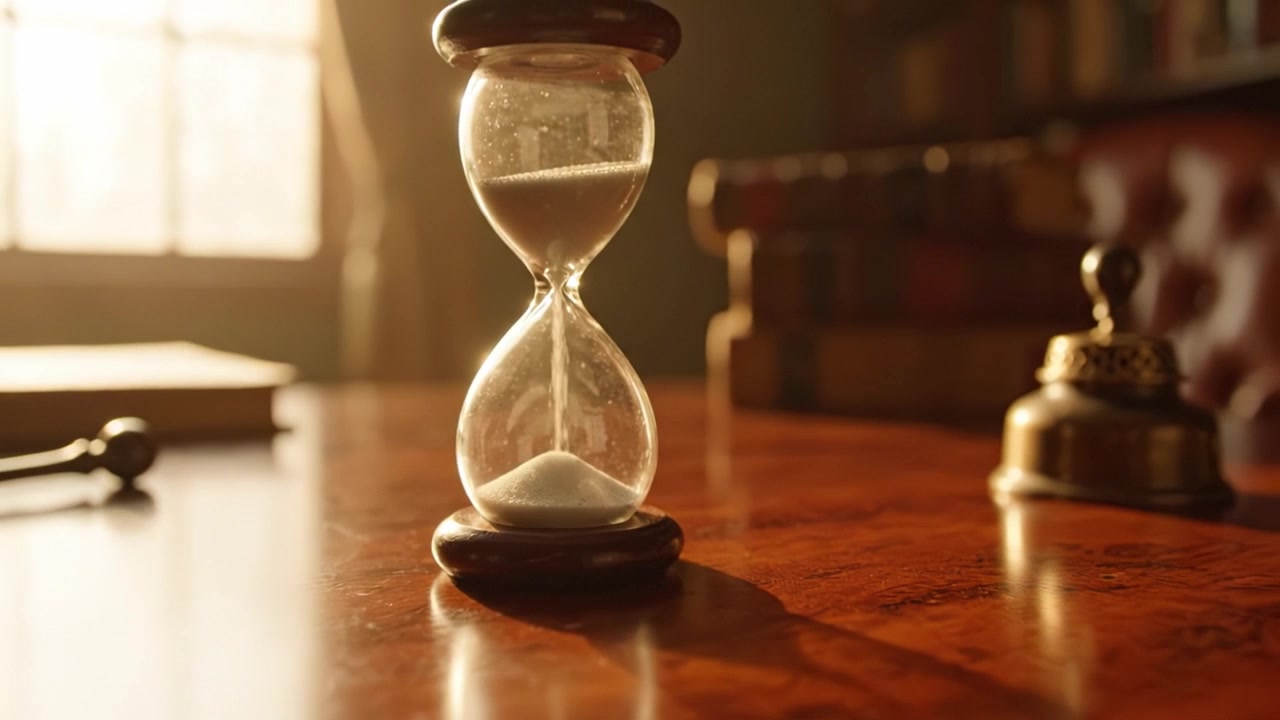 Una clessidra splendidamente realizzata che simboleggia il passare del tempo, con una luce soffusa che illumina la sua sabbia e l'arredamento vintage circostante in un accogliente ambiente di stanza.