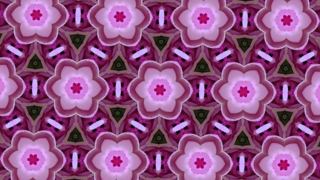 Sfondo in loop dinamico con motivo caleidoscopico floreale rosa e viola