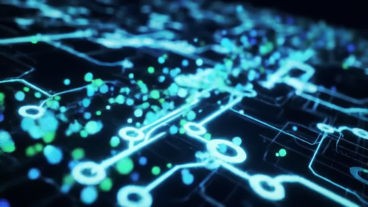 Exploring the Intricate Digital Circuitry of Advanced Technology: A Glimpse into the Connection Between Data and Innovation Through Glowing Lines and Dots