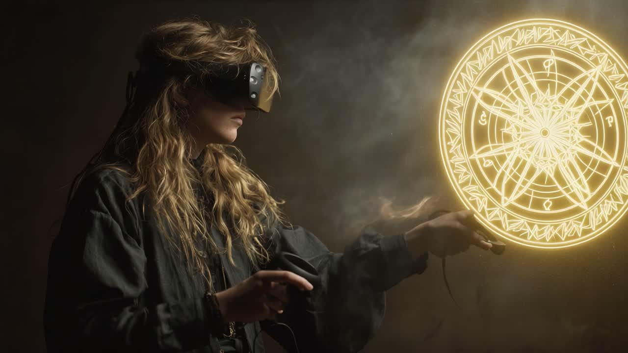 A Female Virtual Reality Enthusiast Immersed in a Mystical Experience, Engaging with Ethereal Symbols and Illuminated Patterns While Wearing a VR Headset and Holding Controllers in an Enigmatic Setting