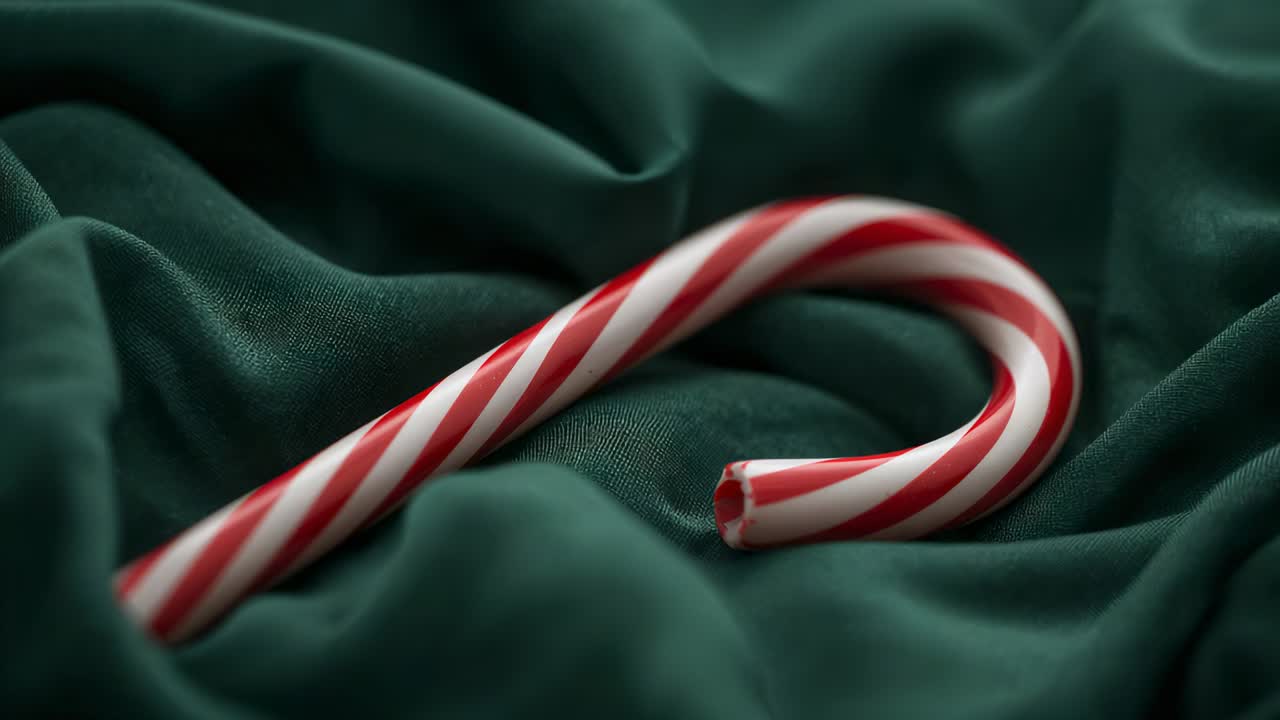 Panning camera revealing red-and-white candy cane on draped dark green fabric, showing chipped tip