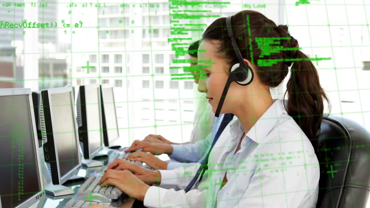 Animation of financial data processing over people wearing phone headsets