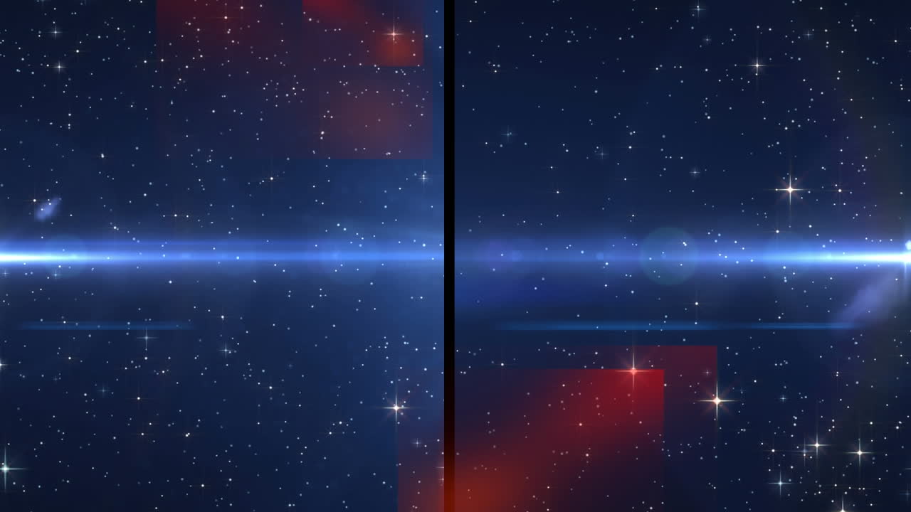 Animation of split screen showing blue spotlight and light trail, with glowing particles, on black