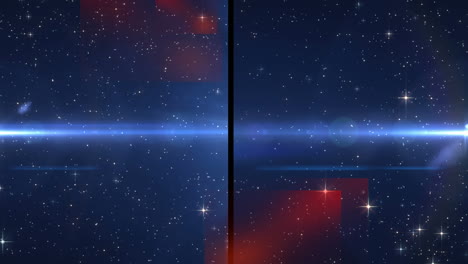 animation of split screen showing blue spotlight and light trail, with glowing particles, on black