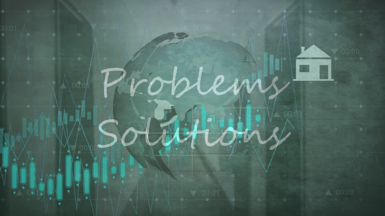 문제 해결의 애니메이션 문자 및 데이터 처리 회전 지구에 대해 회색 배경