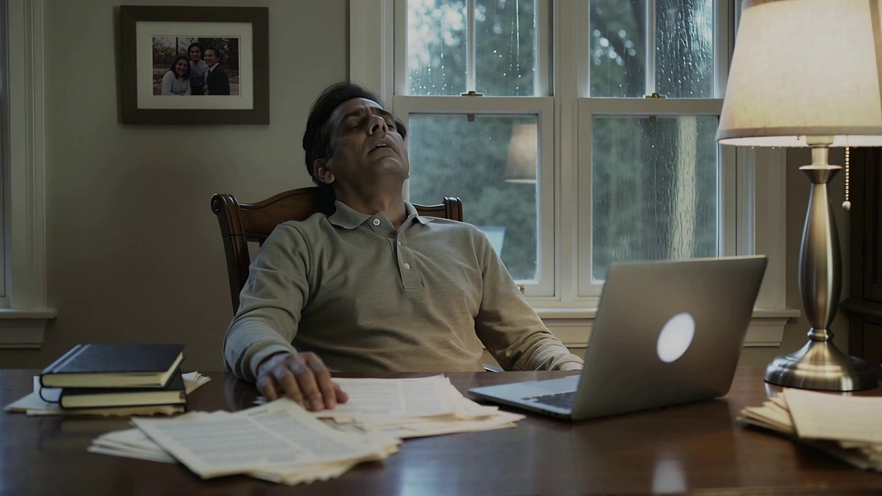 Leaning back man in beige polo closing eyes at home study, exhausted from laptop and paperwork